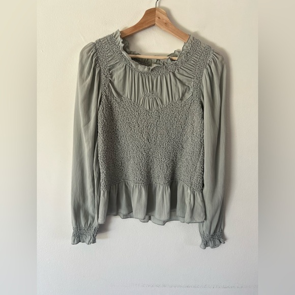 By Anthropologie Balloon-Sleeve Smocked Peplum Blouse Blue Grey Size Medium - Picture 2 of 11